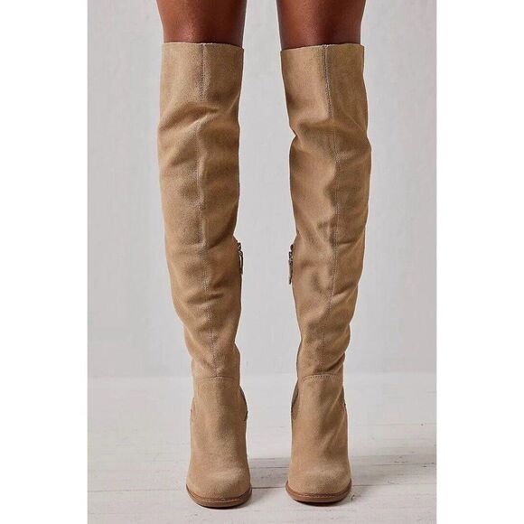NEW FREE PEOPLE SZ 7 LOGAN OVER THE KNEE TALL BOOTS FAWN - Picture 2 of 3